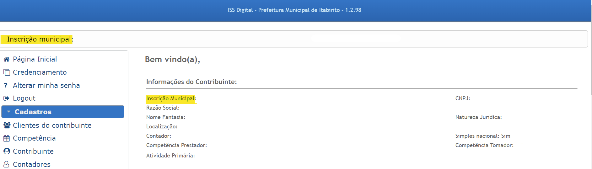 Tela para consulta da Inscrição Municipal no padrão Supernova | ISS Digital.