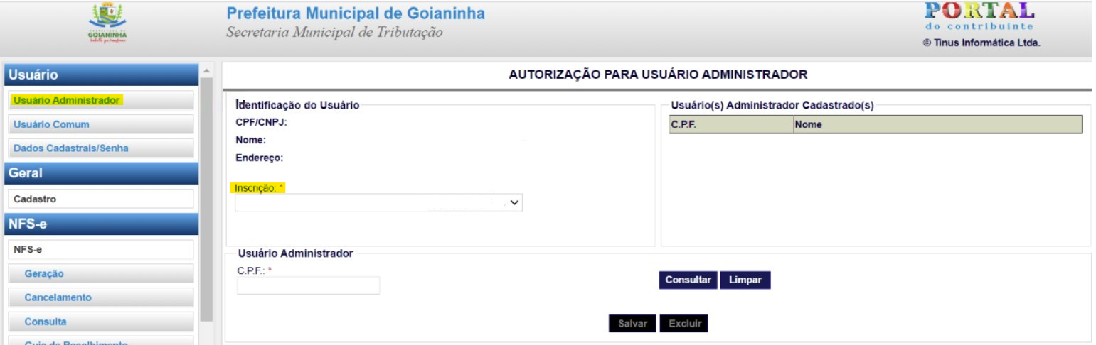 Tela para consulta da Inscrição Municipal no padrão Tinus.