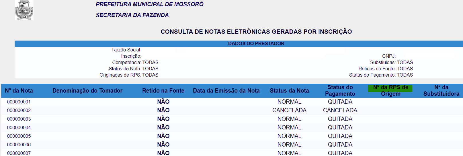 Tela para consulta do Último RPS utilizado no padrão Tinus.