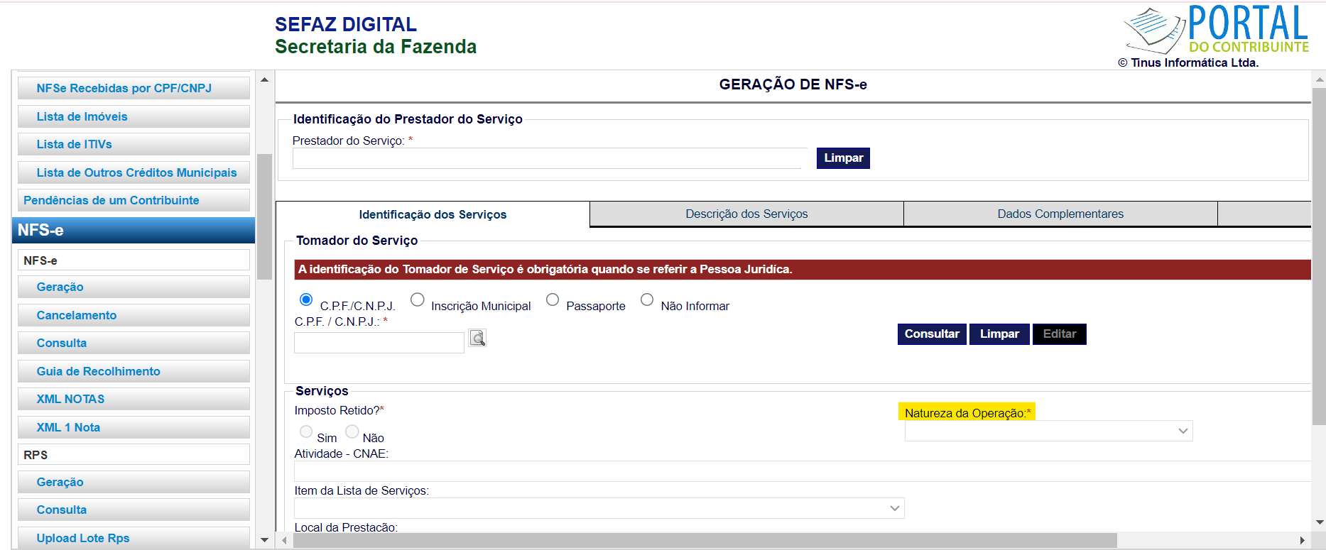 Tela para consulta da Natureza de operação padrão no padrão Tinus.