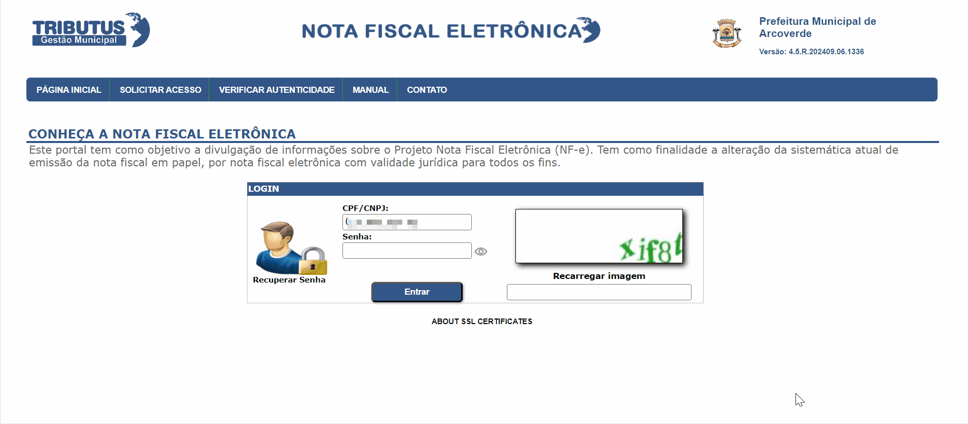 Tela de login no portal da prefeitura.