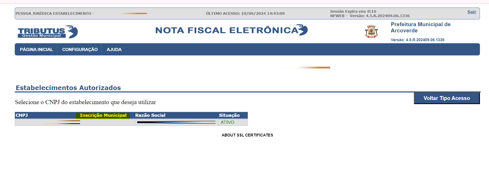 Tela para consulta da Inscrição Municipal no padrão Tributos Municipais.