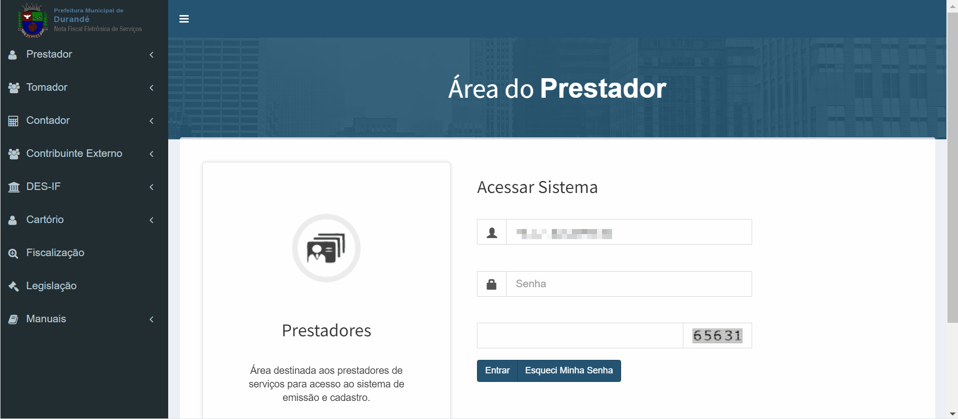 Tela de login no portal da prefeitura.