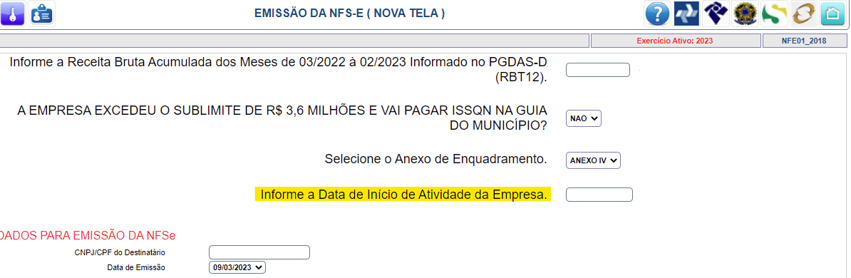 Tela para consulta da Data de Início de Atividade da Empresa no padrão Primax Online.