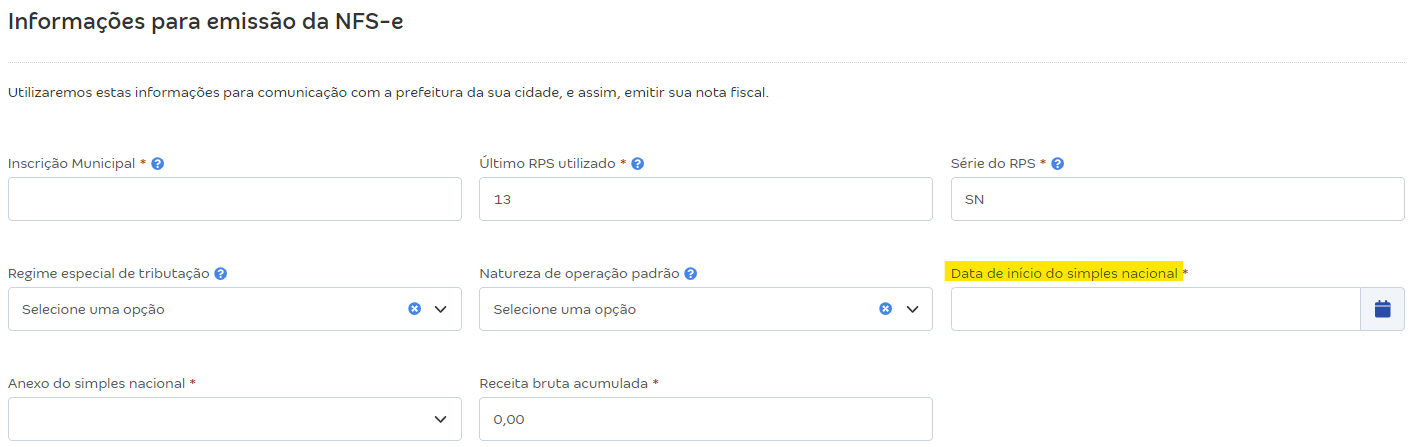 Tela de configurações da NFS-e com destaque para o campo Data de início do simples nacional.