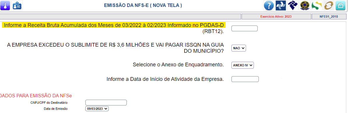 Tela para consulta da Receita Bruta Acumulada no padrão Primax Online.