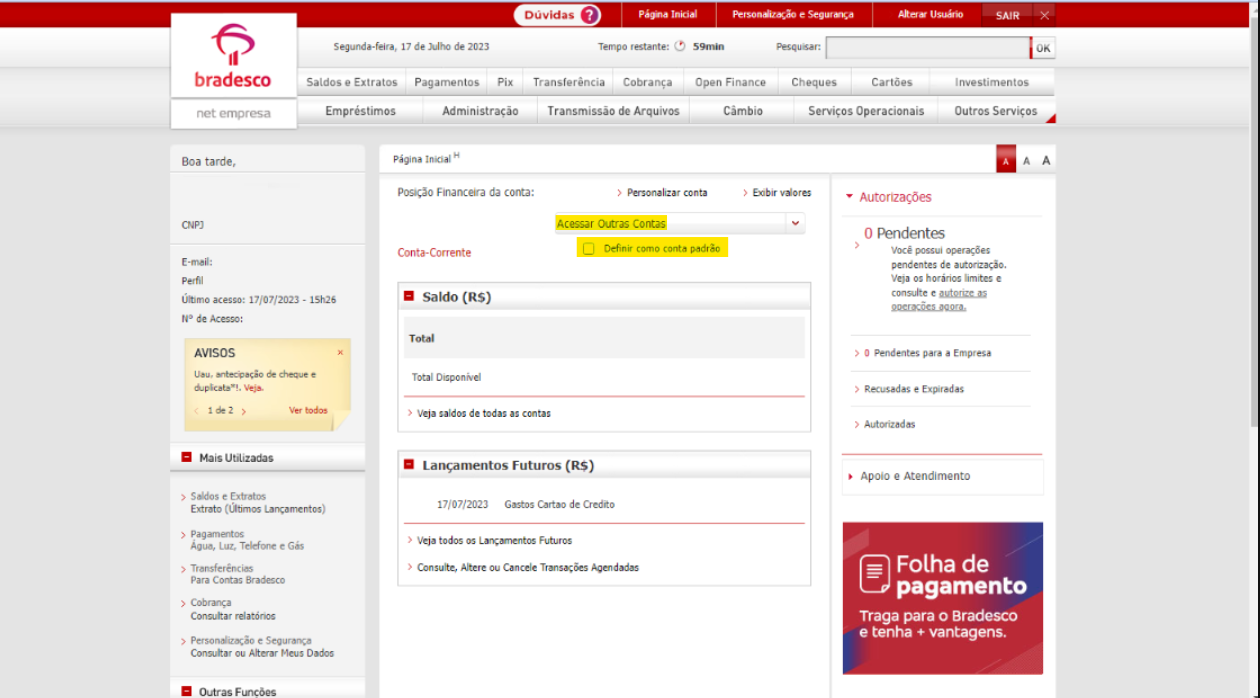Tela do Bradesco com destaque para o campo Definir como conta padrão.