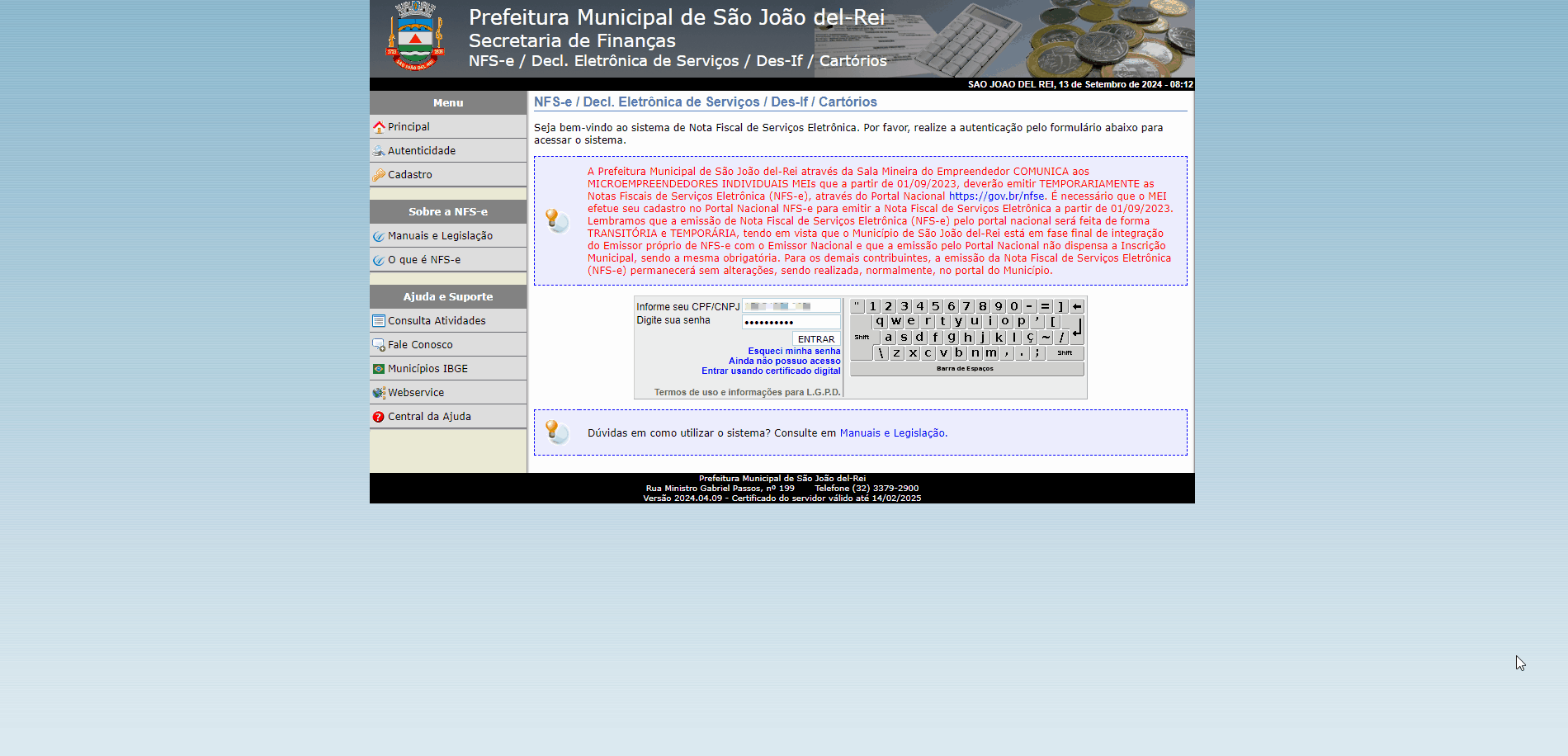 Tela de login no portal da prefeitura.
