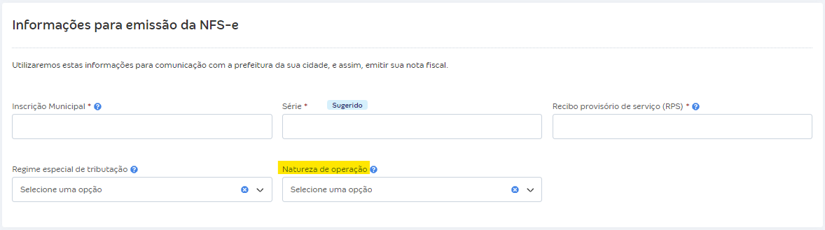 Tela de configurações da NFS-e com destaque para o campo Natureza de operação padrão.
