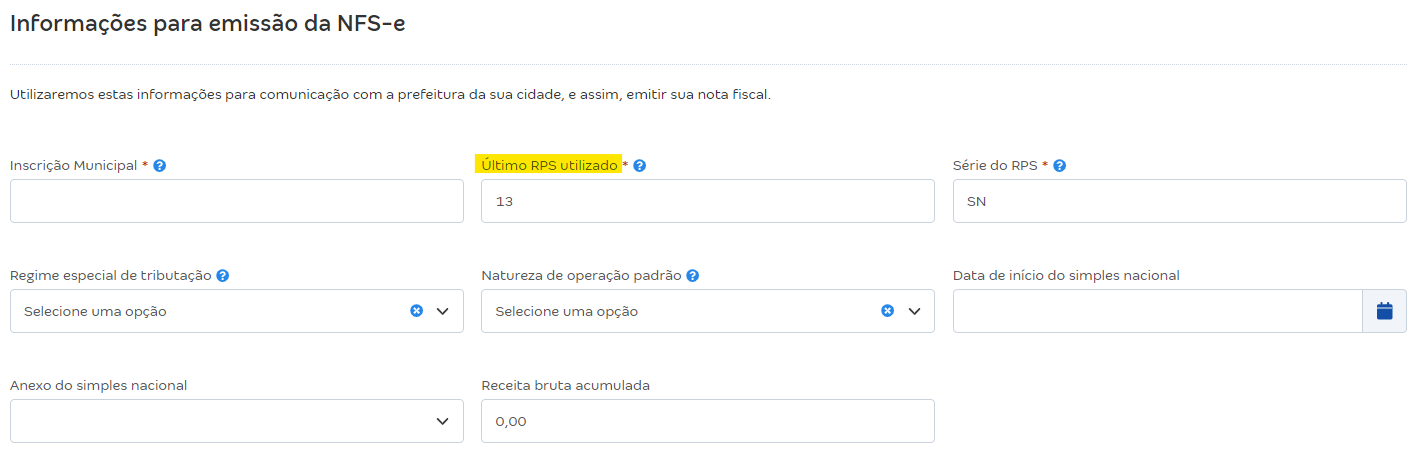 Tela de configurações da NFS-e com destaque para o campo Último RPS utilizado.