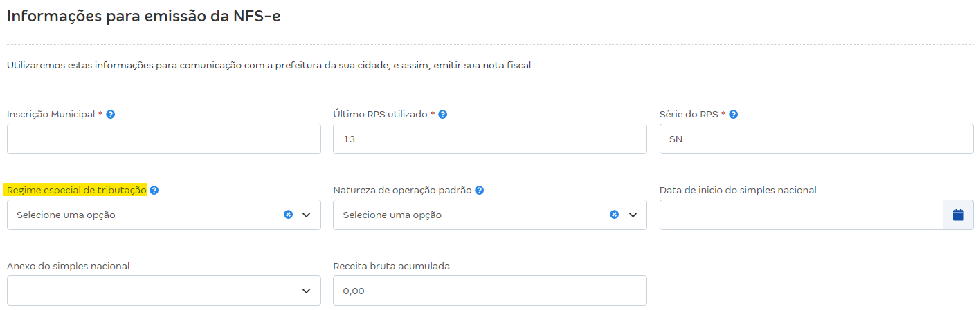 Tela de configurações da NFS-e com destaque para o campo Regime especial de tributação.