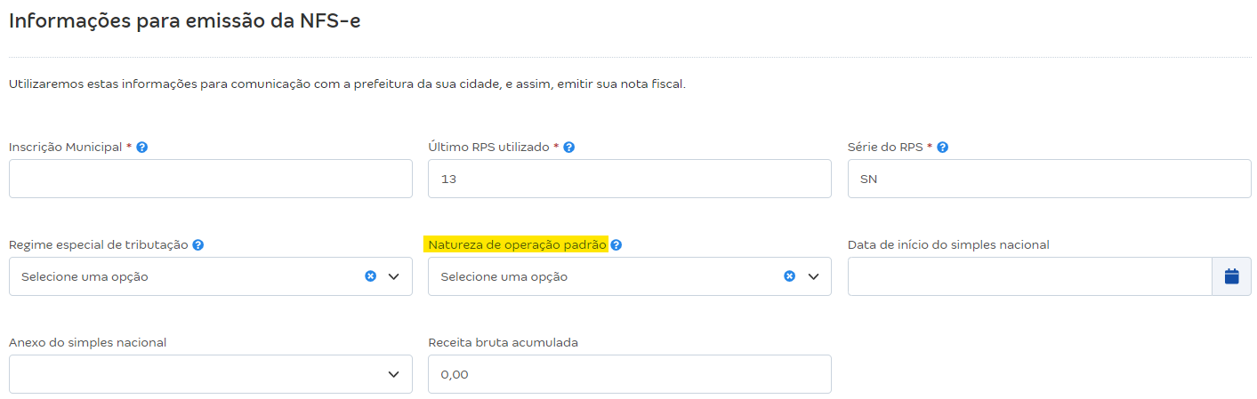 Tela de configurações da NFS-e com destaque para o campo Natureza de operação padrão.