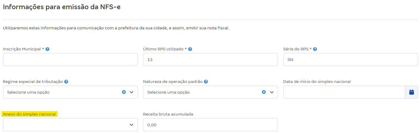 Tela de configurações da NFS-e com destaque para o campo Anexo do simples nacional.
