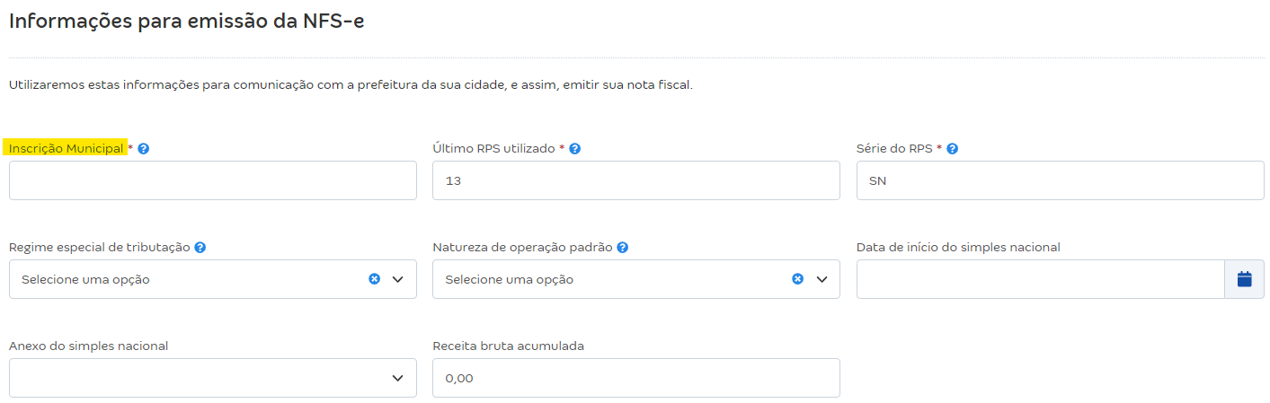 Tela de configurações da NFS-e com destaque para o campo Inscrição Municipal.