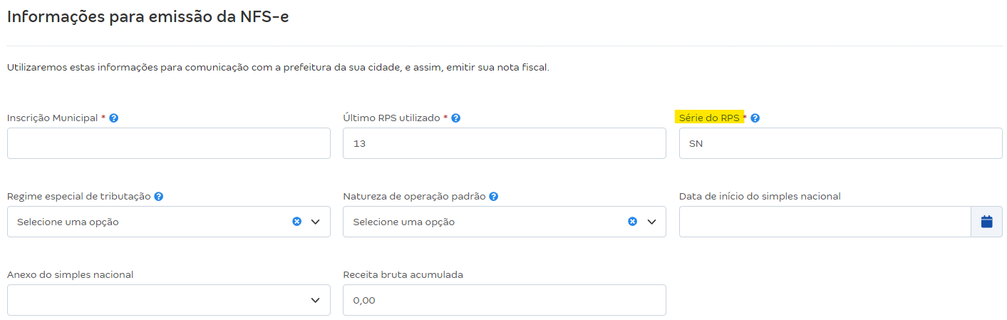 Tela de configurações da NFS-e com destaque para o campo Série do RPS.