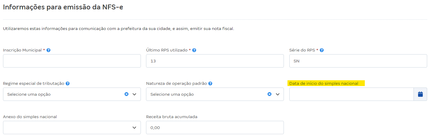 Tela de configurações da NFS-e com destaque para o campo Data de início do simples nacional.