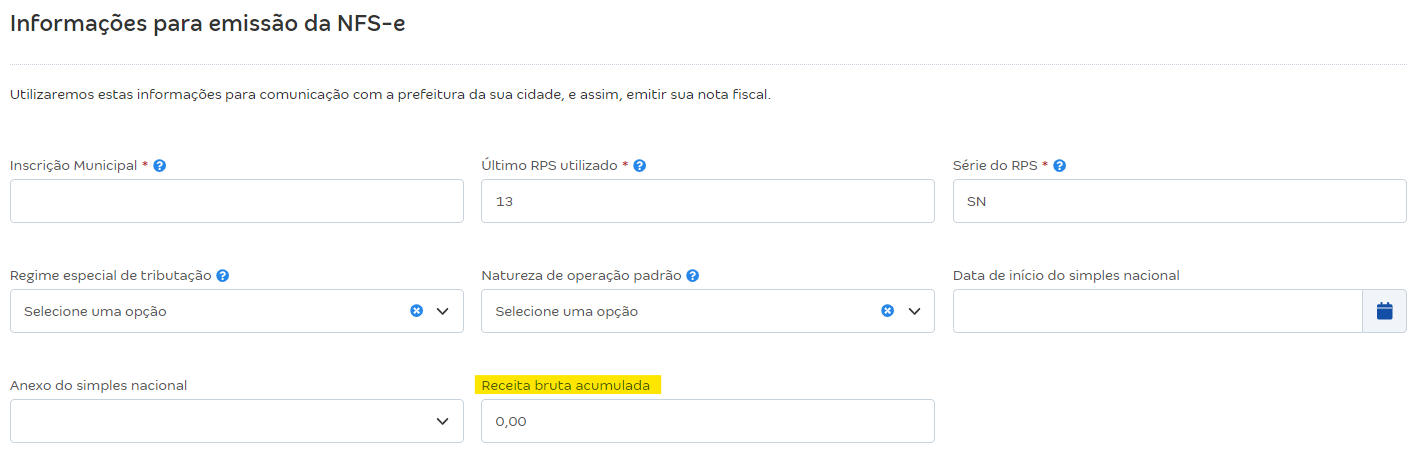 Tela de configurações da NFS-e com destaque para o campo Receita bruta acumulada.