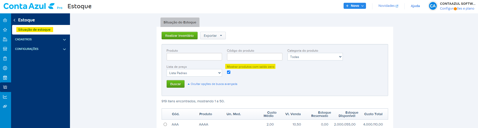 Tela de Estoque com destaque para o campo Mostrar produtos com saldo zero.