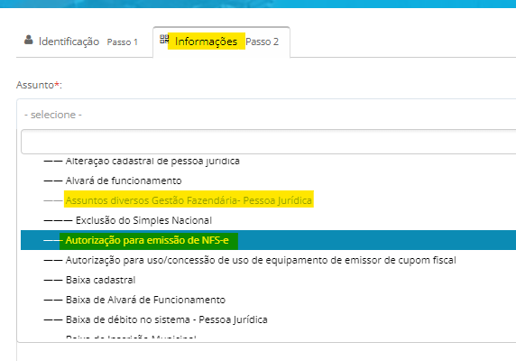Tela para liberar autorização para emissão de NFS-e no padrão ISS Digital NFSD.