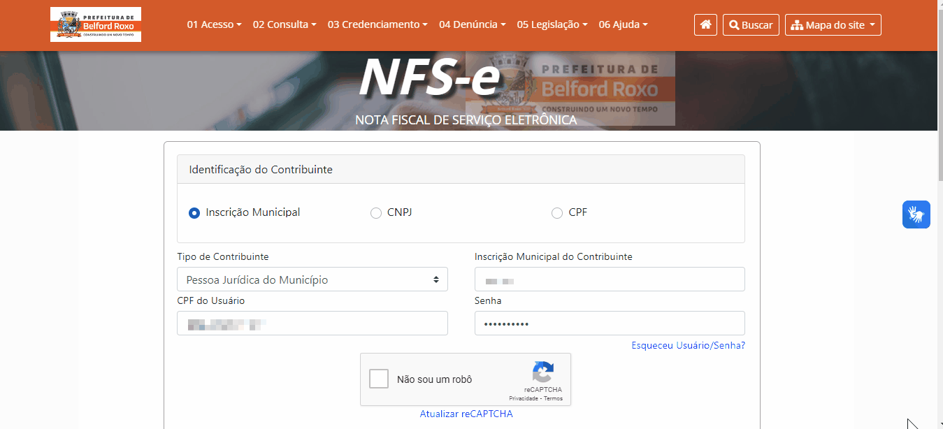 Tela de login no portal da prefeitura.