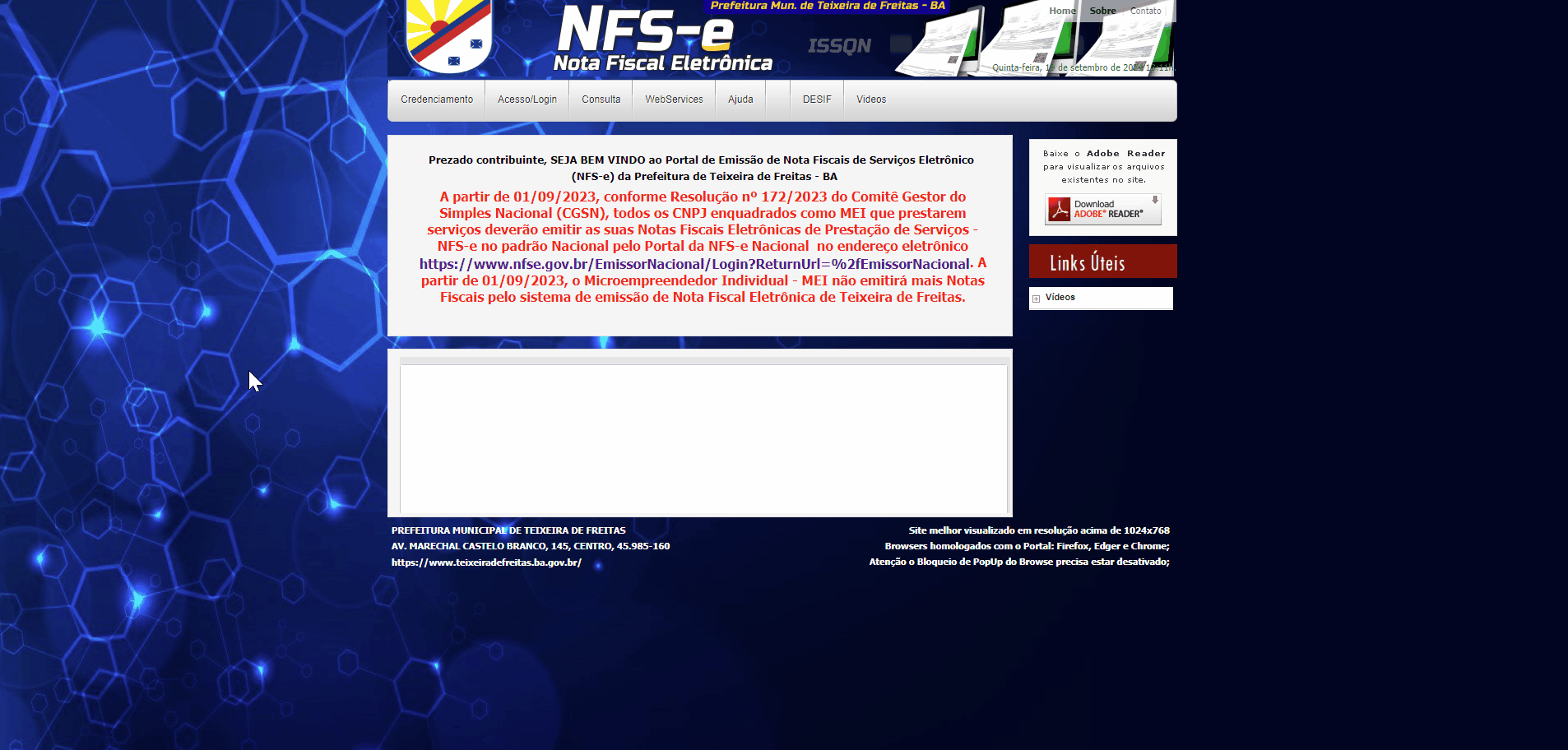 Tela para solicitar liberação para NFS-e na Conta Azul do padrão Freire.