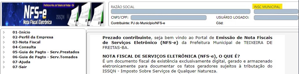 Tela para consultar Inscrição Municipal do padrão Freire.