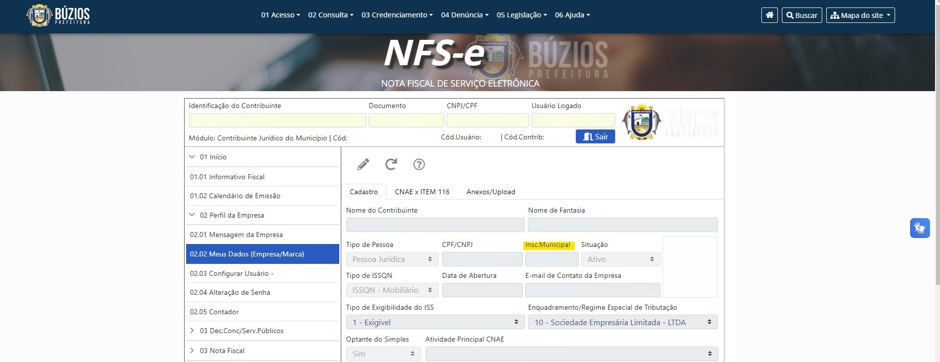 Tela para consulta da Inscrição Municipal no padrão Modernização Pública.