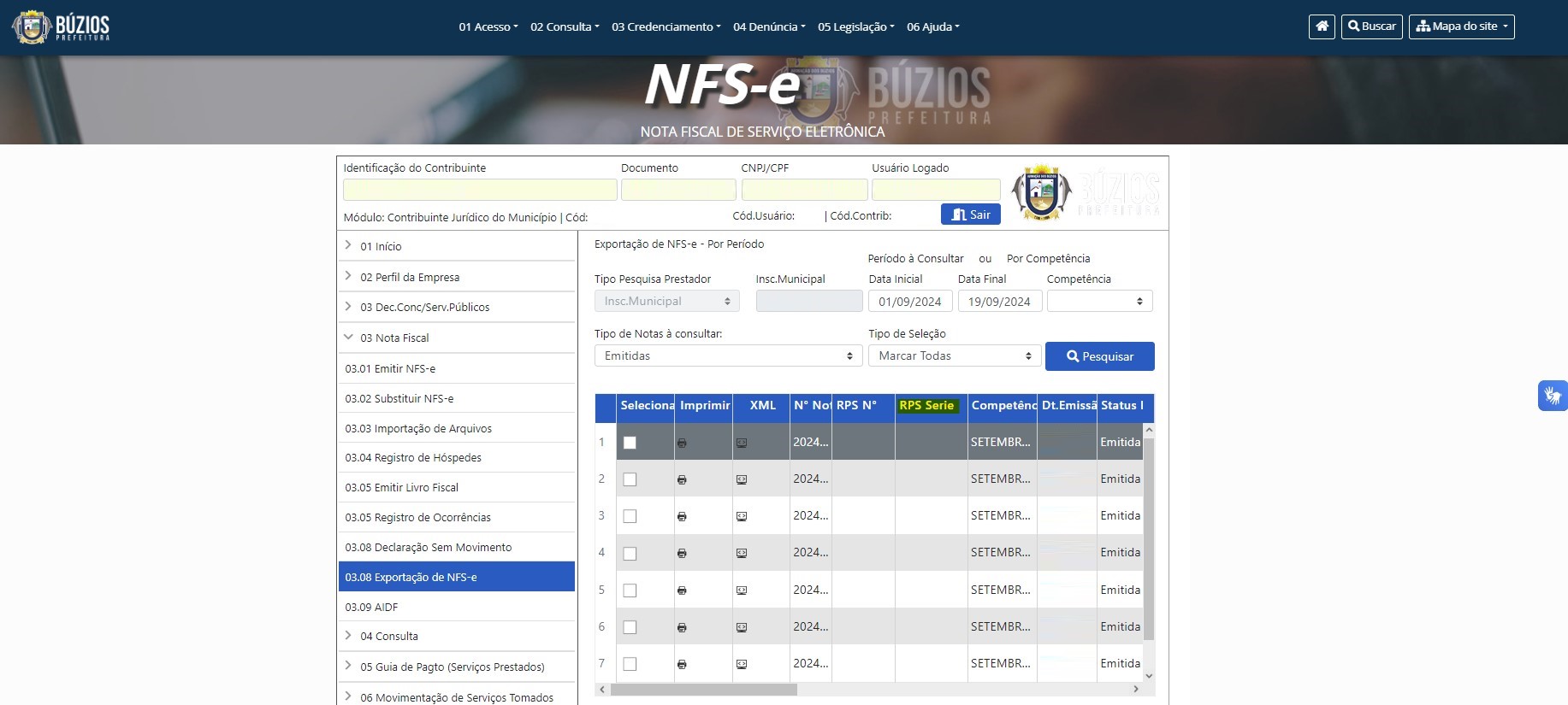 Tela para consulta da série do RPS no padrão Modernização Pública.