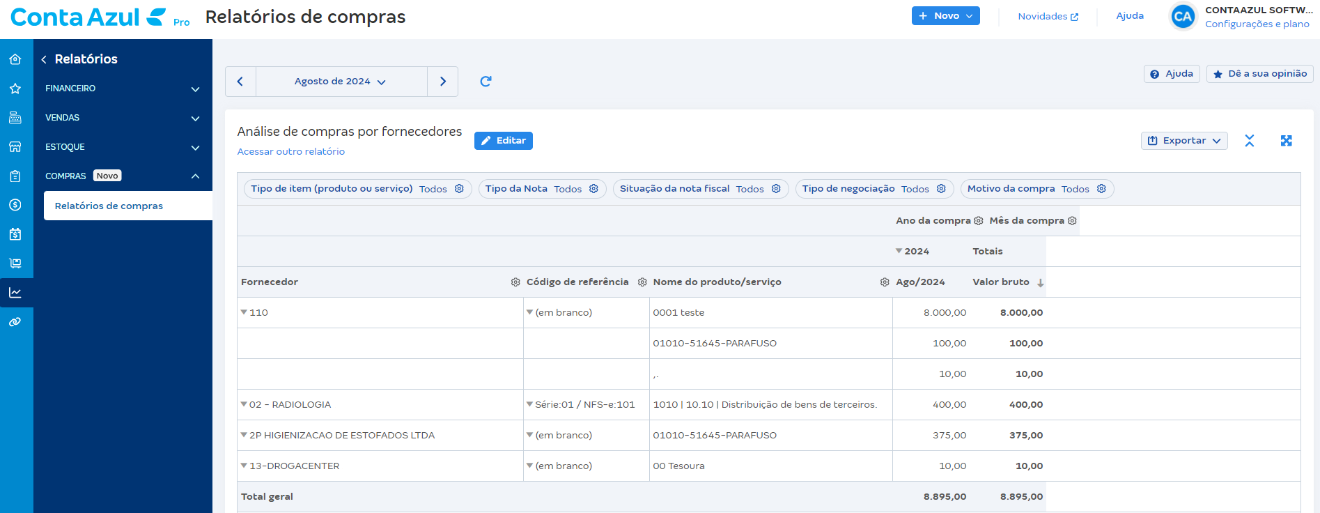 Passo a passo para acessar Análise de compras por fornecedores por Relatórios de compras.
