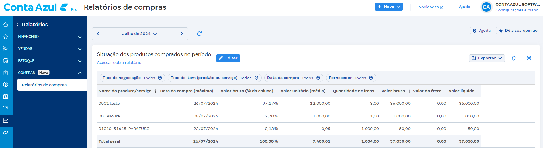 Tela de Situação dos produtos comprados no período em Relatórios de compras.
