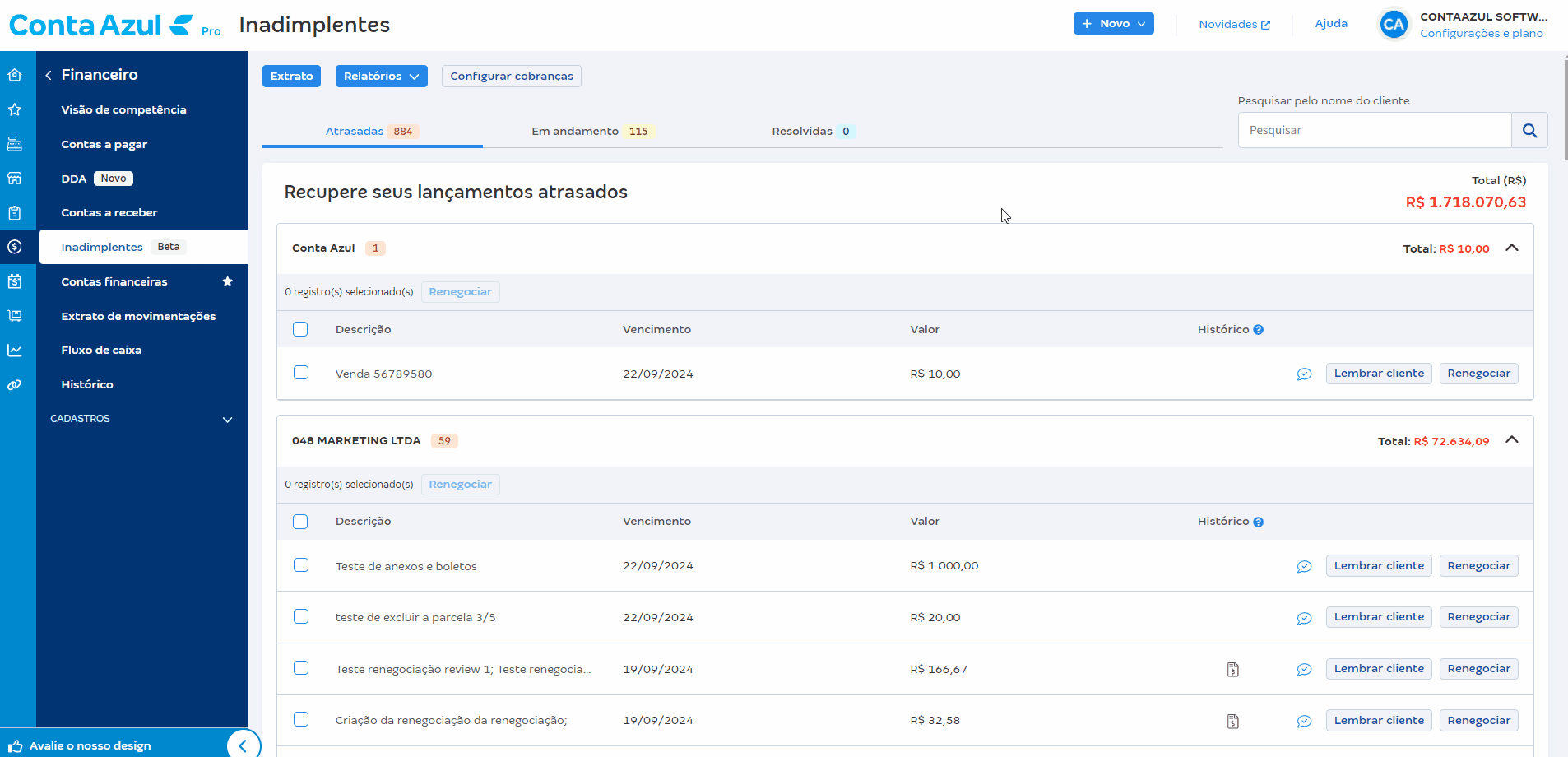 Passo a passo para acessar os atalhos Extrato, Relatórios e Configurar cobranças da Conta Azul pela tela Inadimplentes.