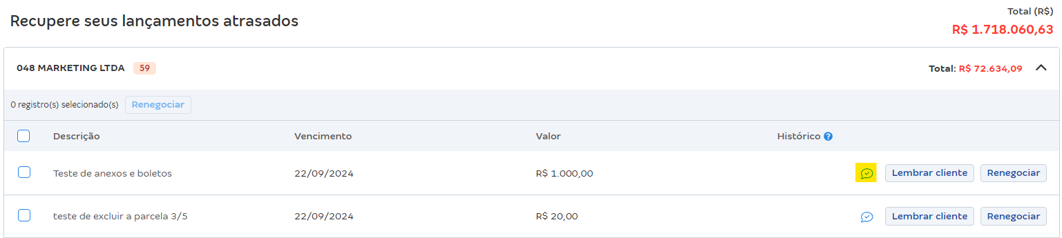 Tela de Inadimplentes com destaque para o ícone Informar pagamento.