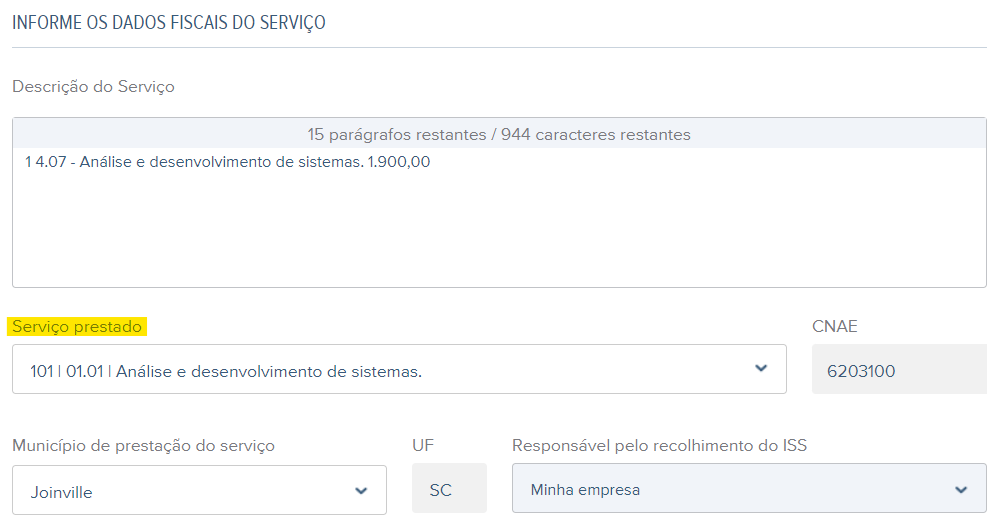 Tela de rascunho da NFS-e com destaque para o campo Serviço prestado.