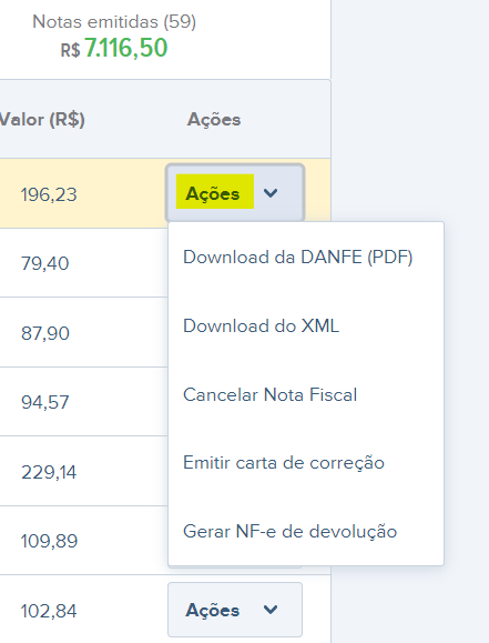 Tela de lista de NF-e com destaque para o botão Ações.