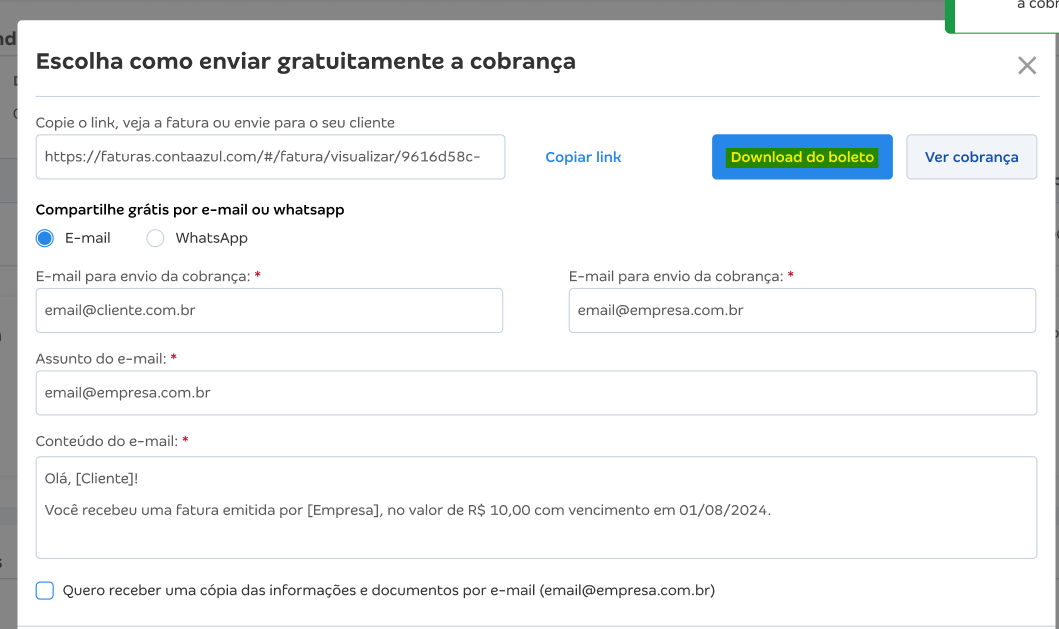 Tela de envio da cobrança com destaque para o botão Download do boleto.