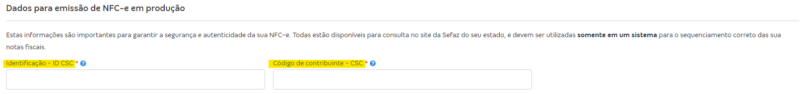Tela com destaque para os campos Identificação - ID CSC e Código de contribuinte - CSC nas configurações da NFC-e.
