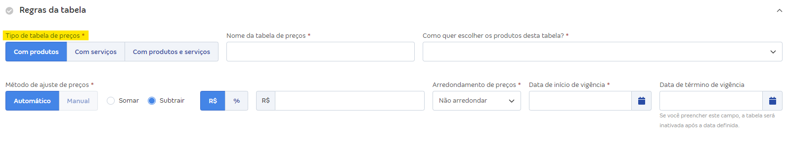 Tela de cadastro de tabela de preços com destaque para o campo Tipo de tabela de preços.