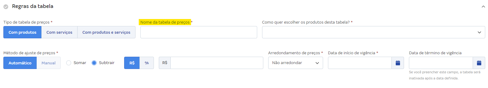 Tela de cadastro de tabela de preços com destaque para o campo Nome da tabela de preços.