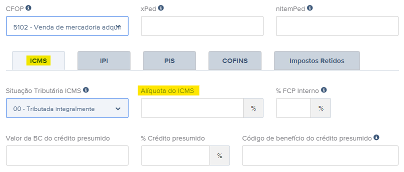 Passo a passo para preenchimento da Alíquota do ICMS.