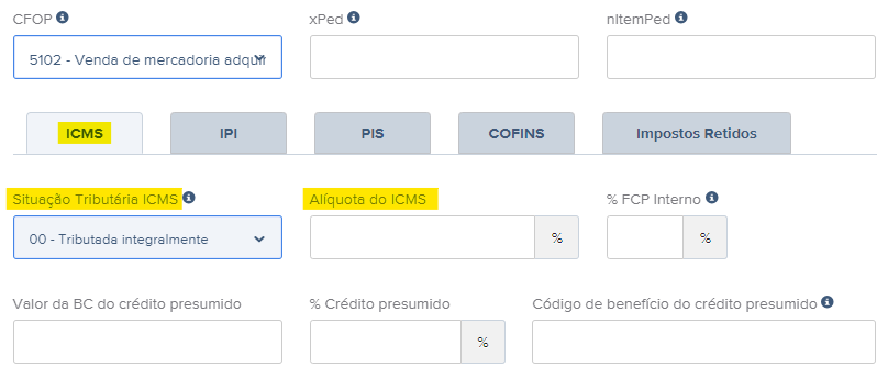 Tela de preenchimento da Situação Tributária e Alíquota do ICMS.