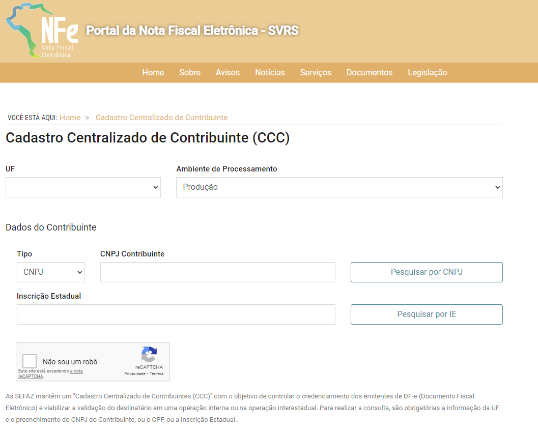 Tela de login do site Cadastro Centralizado de Contribuinte (CCC).