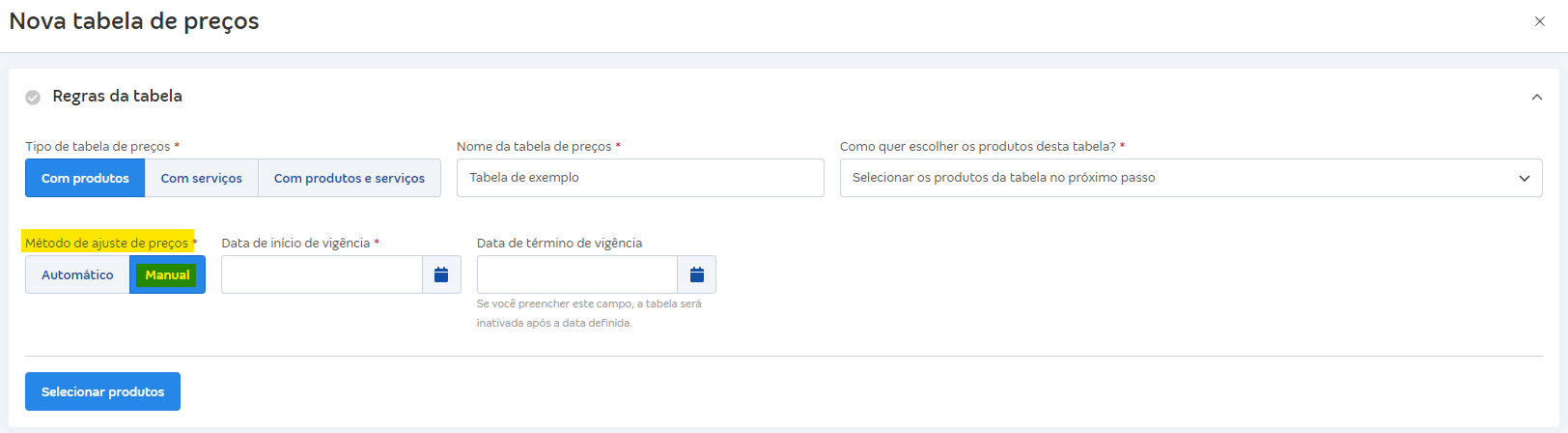 Passo a passo para escolher Método de ajuste de preços e Manual.