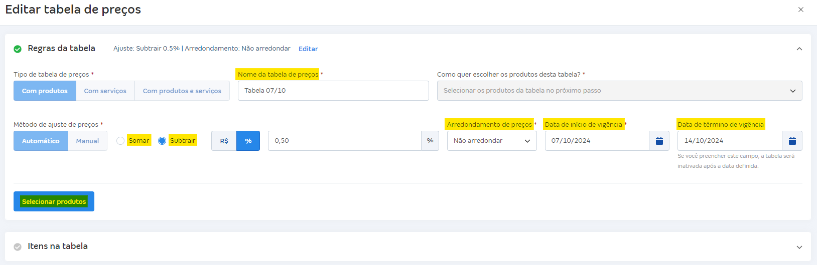 Tela de edição da tabela de preço.