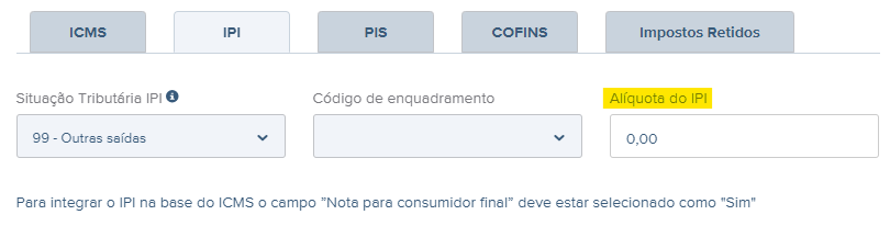 Tela com destaque para o campo Alíquota de IPI no rascunho da NF-e.