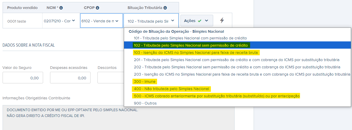 Tela com destaque para o campo Situação Tributária no rascunho da NF-e.