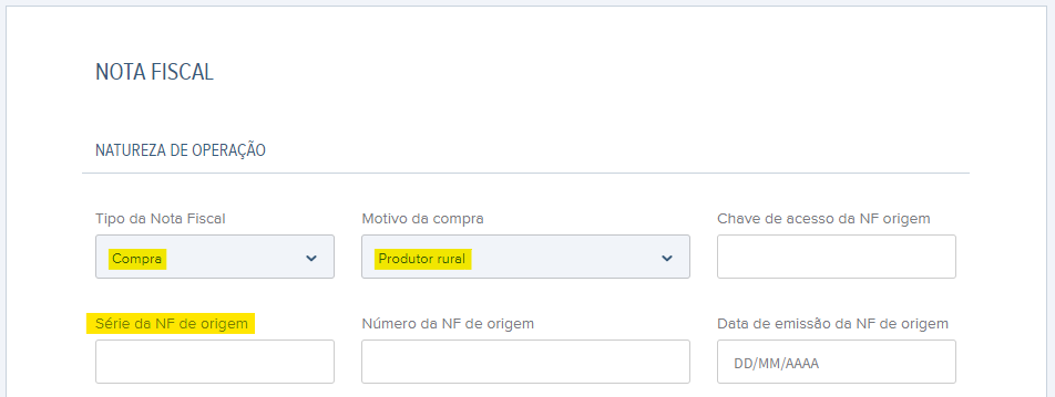 Tela de NF de compra de produtor rural com os campos Tipo da Nota Fiscal, Motivo da compra e Série da NF de origem.