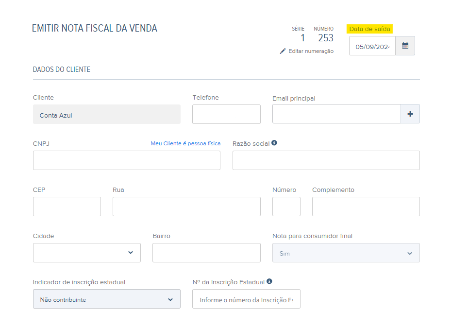 Tela de rascunho da NF-e com destaque para o campo Data de saída.