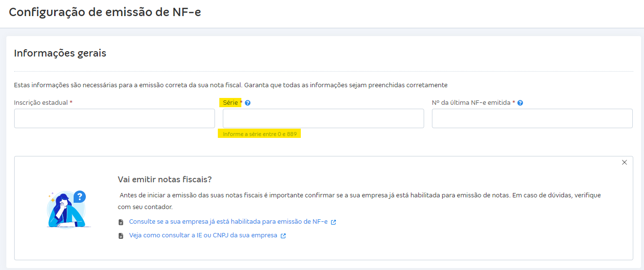 Tela de configuração da NF-e com destaque para o campo Série.