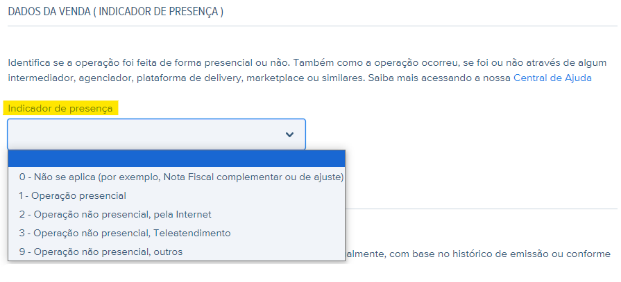 Tela com destaque para o campo CFOP no rascunho da NF-e.