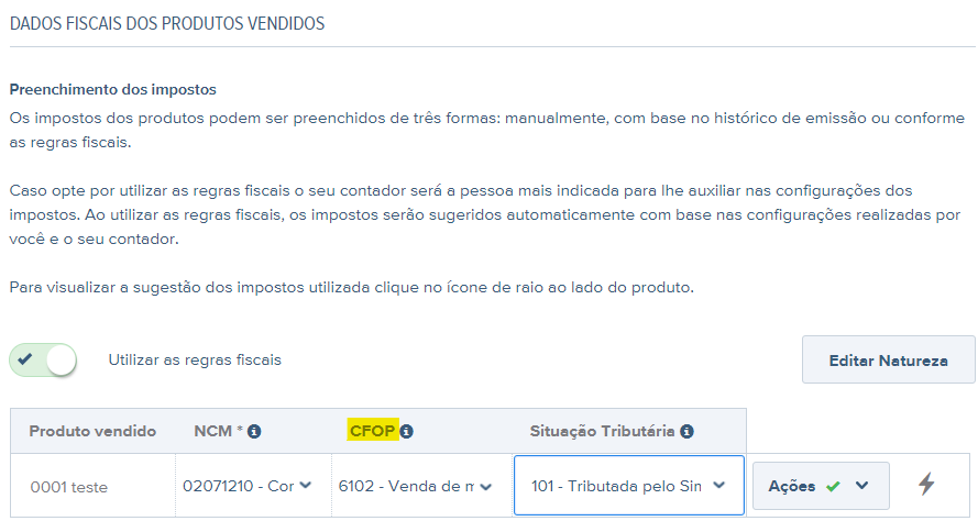 Tela com destaque para o campo CFOP no rascunho da NF-e.